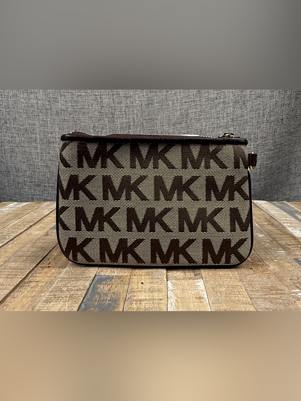 Michael Kors Dark Brown Jacquard and Dark Brown Leather MK Logo Coin Purse